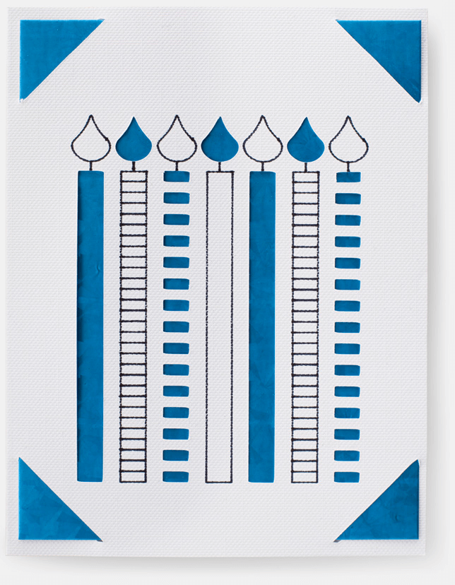 A blue and white card with illustrated candles on it.
