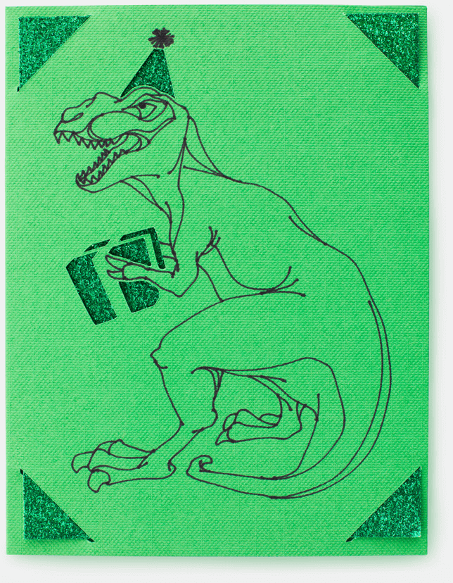 A green card with an illustrated dinosaur with a party hat and holding a gift.
