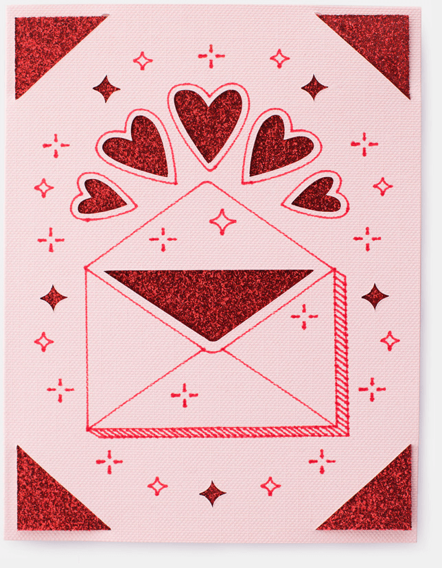 A red and pink card with an illustated envelope and hearts.