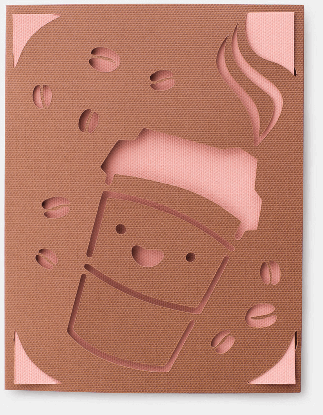 A brown and pink card with an a happy cup of to-go coffee cut out.