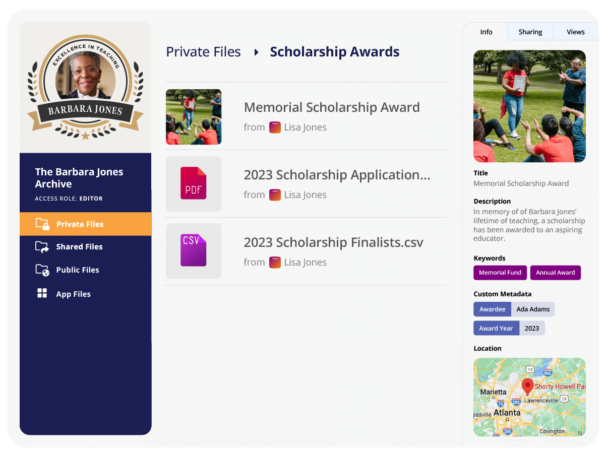 A private file view of Barbara Jones’ archive showing a folder that is called Scholarship Awards. In that folder, there are three items that have been uploaded by Lisa Jones including a scholarship application pdf, a spreadsheet of scholarship finalists, and a photo of the winner accepting the memorial scholarship award. On the right of the screen, there is a detailed view of the photo of the winner accepting her scholarship award certificate. Descriptive metadata is included to highlight the functionality of Permanent.