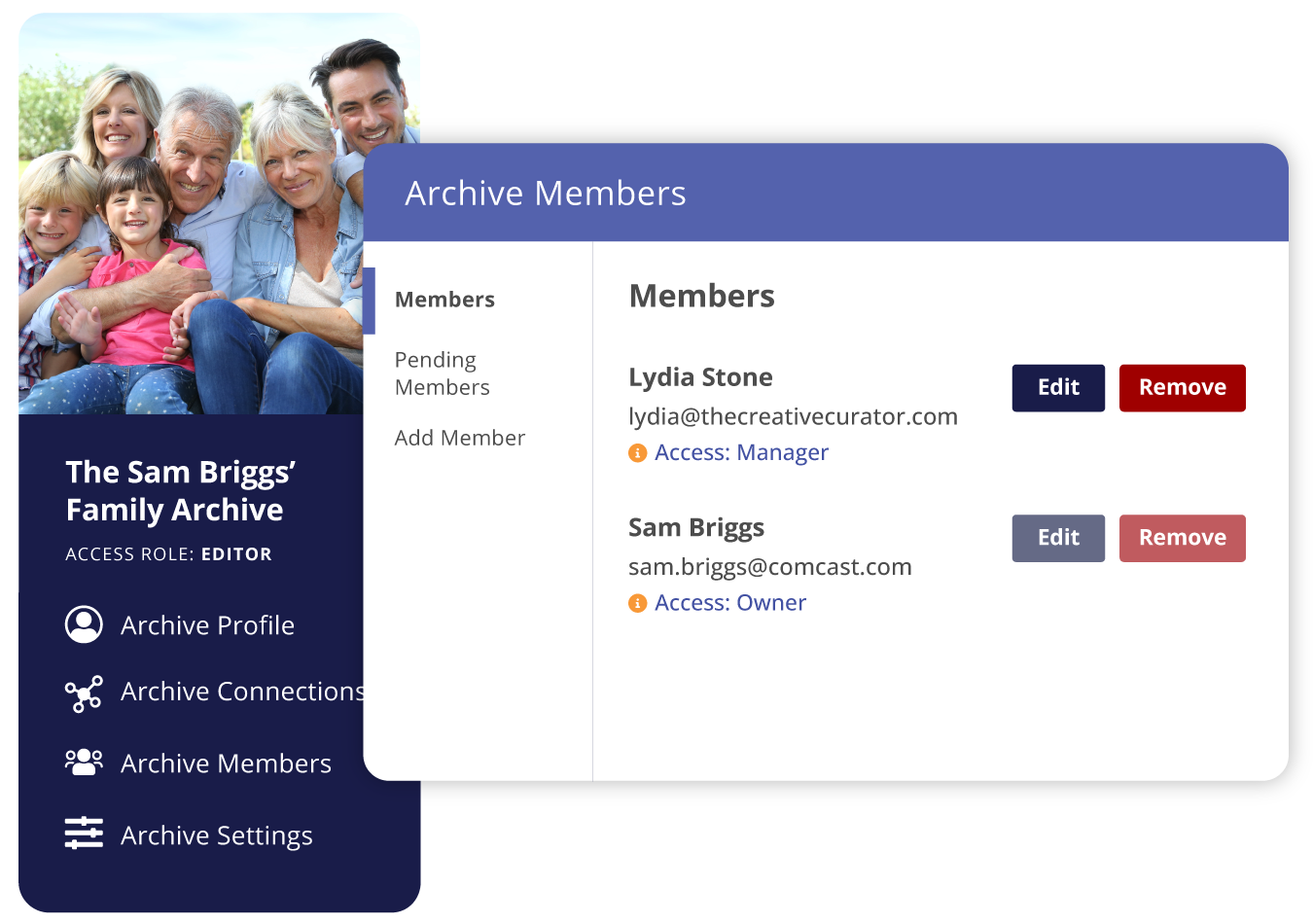 In the Sam Briggs' Family Archive on Permanent, the Archive Members modal, showing the two members of the archive: Sam Briggs, the archive owner, and Lydia Stone, who has the Manager access role