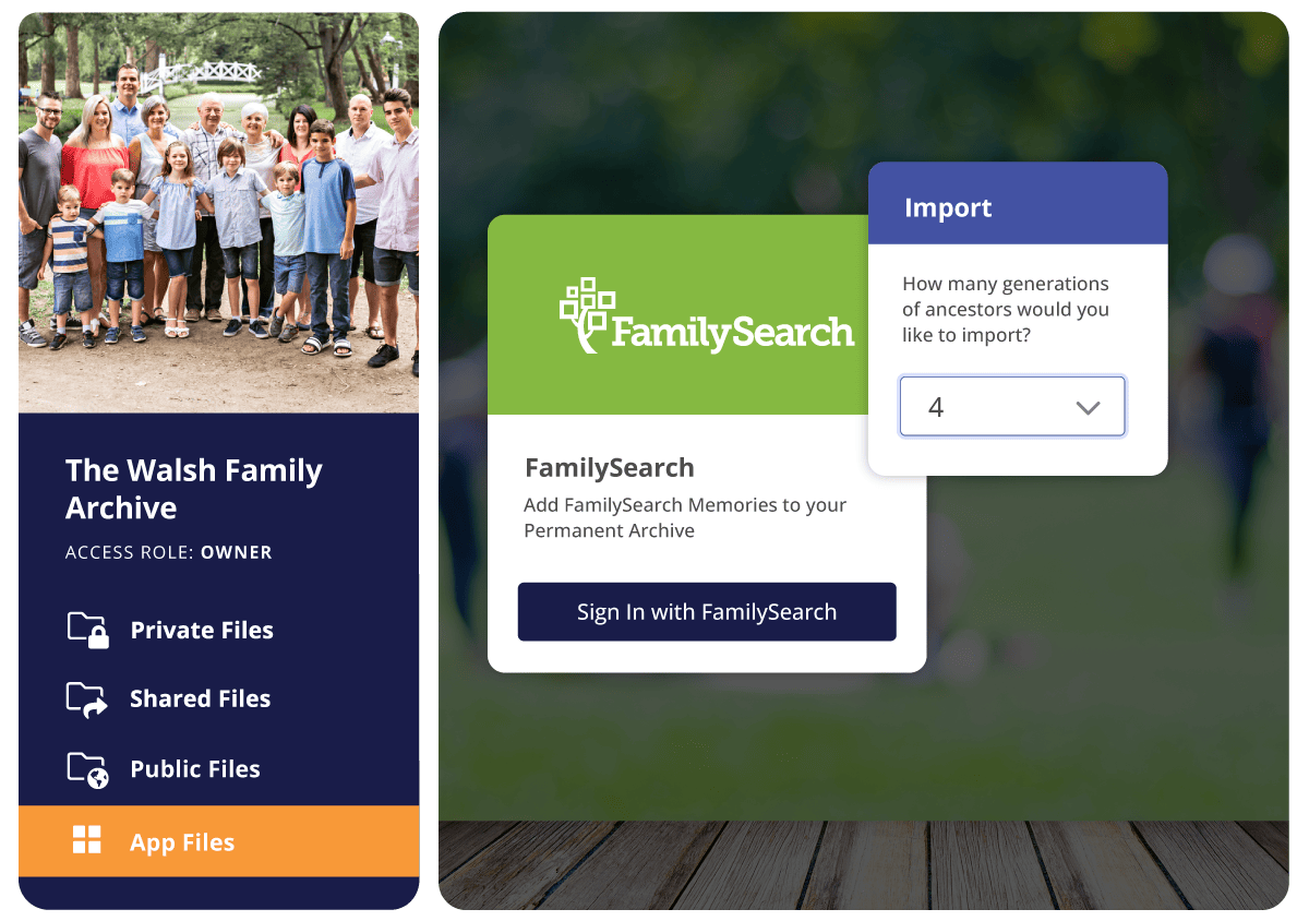 In the Walsh Family Archive, Permanent's integration with FamilySearch is used to import FamilySearch Memories into Permanent